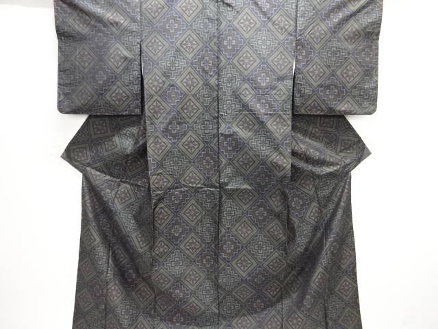 JAPANESE KIMONO / SILK / DORO OSHIMA TSUMUGI / WOVEN RHOMBUS & FLOWERS